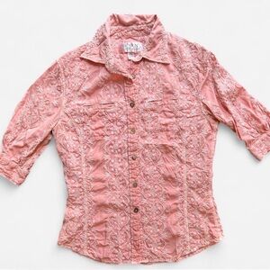 pink silk blend blouse with lace detailing Size XS
small stain on cuff pictured